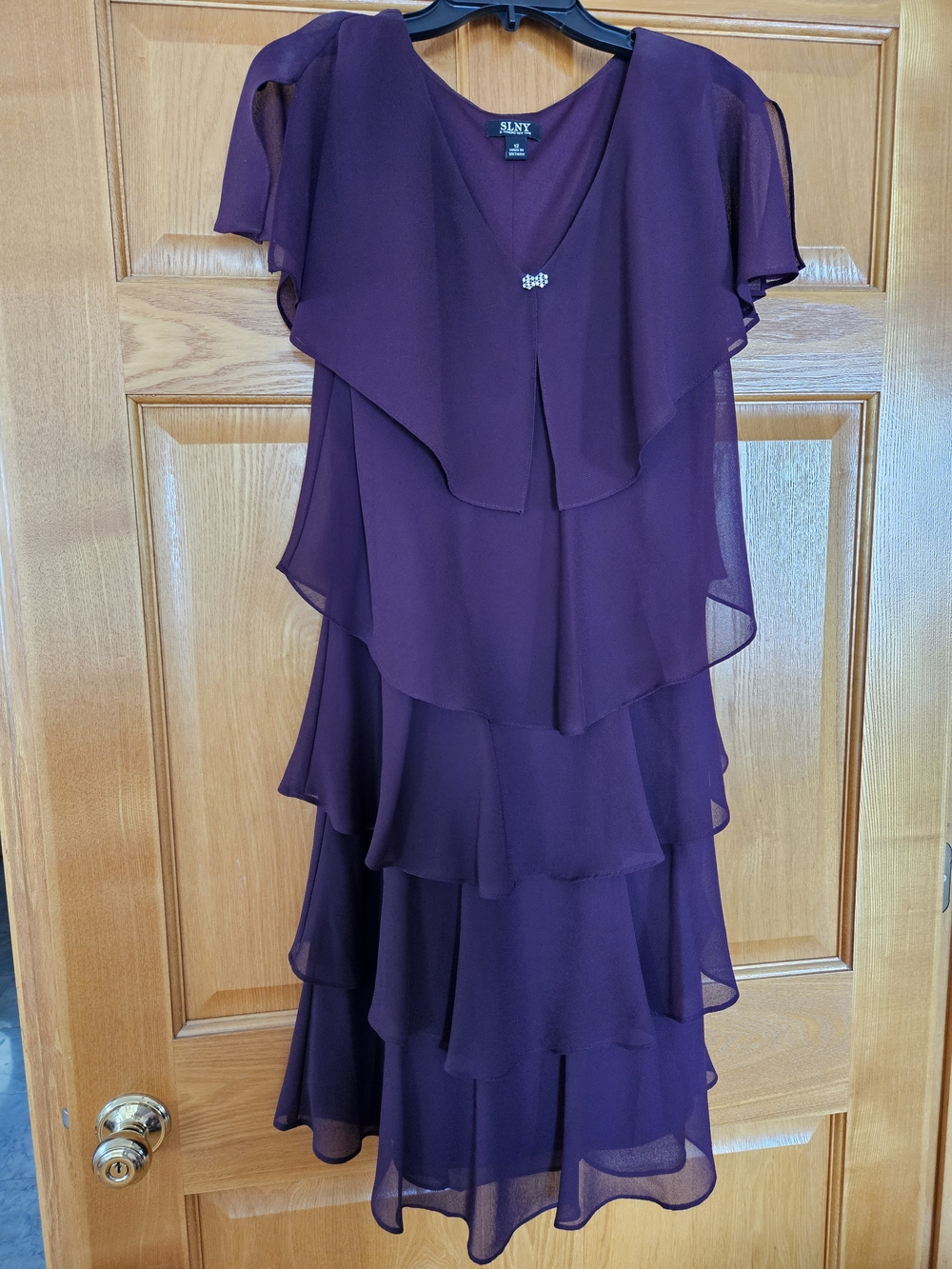 SLNY Deep Plum Layered Chiffon Midi Dress